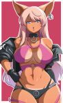  1girl absurdres aljune_art animal_ears black_gloves black_jacket blue_eyes breasts breasts_apart cowboy_shot gloves hand_on_own_hip highres jacket large_breasts long_hair looking_at_viewer micro_shorts navel o-ring open_clothes open_jacket open_mouth outline pig_ears pig_girl pink_hair red_background rose_(zaiyuki) shorts solo sun_wukong tan tanlines white_outline zaiyuki 