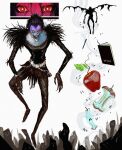  apple black_hair death_note death_note_(object) fangs food fruit full_body highres horror_(theme) jewelry open_mouth pen red_eyes ring ryuk shinigami svvshi white_background wings 