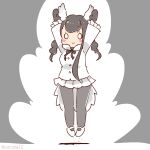  1girl arms_up bird_girl bird_tail bird_wings black-headed_ibis_(kemono_friends) black_hair bow bowtie coroha feathered_wings full_body gloves grey_background head_wings jacket jumping kemono_friends long_hair looking_at_viewer pantyhose shoes simple_background skirt solo tail wings 