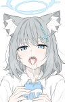  1girl animal_ear_fluff animal_ears blue_archive blue_eyes blue_halo blush collared_shirt commentary cross cross_hair_ornament earrings extra_ears grey_hair hair_ornament halo highres holding inverted_cross jewelry looking_at_viewer masabodo milk mismatched_pupils open_mouth revision sexually_suggestive shiroko_(blue_archive) shirt short_hair simple_background solo stud_earrings symbol-only_commentary teeth upper_body upper_teeth_only white_background white_shirt wolf_ears wolf_girl 
