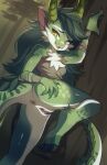 anthro anus biped bottomless breasts butt clothed clothing dragon female genitals green_body green_hair green_scales hair hi_res holding_butt horn nude pupils pussy scales slit_pupils solo wildblur