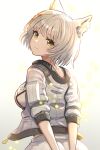  1girl animal_ears arms_behind_back ass breasts cat_ears closed_mouth commentary_request gonzarez grey_hair grey_sweater highres looking_back mio_(xenoblade) short_hair smile solo spoilers sweater white_background xenoblade_chronicles_(series) xenoblade_chronicles_3 yellow_eyes 