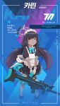  1girl absurdres aged_down ahoge apron black_hair blue_archive blue_bow blue_bowtie bow bowtie boys_anti_tank_rifle commentary_request dark-skinned_female dark_skin full_body gloves gun hair_between_eyes halo heavy highres holding holding_gun holding_weapon karin_(blue_archive) korean_commentary leaning_forward long_hair looking_at_viewer maid maid_apron maid_headdress majinmallow one_eye_closed pantyhose short_sleeves sidelocks simple_background solo standing sweatdrop translation_request weapon white_gloves white_pantyhose yellow_eyes 