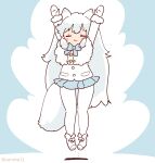  1girl animal_ears arctic_fox_(kemono_friends) arms_up blue_background bow bowtie cape coroha extra_ears fox_ears fox_girl fox_tail full_body gloves jacket jumping kemono_friends long_hair looking_at_viewer pantyhose shoes simple_background skirt solo tail white_hair 