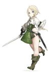  1girl blonde_hair blue_eyes boots buckler elf fantasy gloves highres holding holding_sword holding_weapon km_yama knife long_hair looking_at_viewer low_ponytail original pointy_ears shield smile solo sword unsheathed weapon 