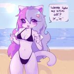 anthro ash_(sashley) beach bikini breasts charlotte.x clothing domestic_cat felid feline felis female female/female mammal seaside solo swimwear