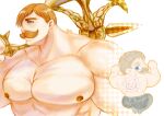  1boy abs axe back_tattoo bara brown_hair chibi chibi_inset escanor holding holding_axe huge_pectorals looking_ahead looking_back male_focus mature_male nanatsu_no_taizai nipples nude over_shoulder short_hair solo tattoo thick_mustache tko344g upper_body weapon weapon_over_shoulder 