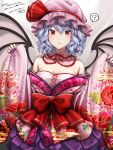  1girl ? absurdres aged_up alternate_costume bare_shoulders bat_wings blue_hair bow commentary_request floral_print hair_between_eyes hat highres japanese_clothes kimono looking_at_viewer mitama_mudimudi mob_cap pink_headwear print_kimono purple_nails red_bow red_eyes remilia_scarlet solo touhou upper_body wavy_hair wings 