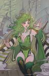  1girl bare_shoulders breasts closed_mouth collarbone detached_sleeves enerjax feet_out_of_frame final_fantasy final_fantasy_iv fingernails green_eyes green_hair green_leotard green_lips green_thighhighs hair_ornament highres leotard long_fingernails long_hair looking_at_viewer medium_breasts messy_hair plunging_neckline rydia_(ff4) signature sitting solo star_(symbol) star_hair_ornament thighhighs thighs wavy_hair 
