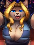  absurd_res anthro big_breasts blonde_hair blue_eyes breasts cheese_quesadilla cleavage clothed clothing digital_media_(artwork) felid female general-irrelevant grabbing_viewer hair hi_res looking_at_viewer mammal pattern_clothing smile solo striped_clothing stripes 