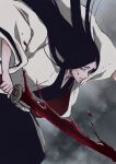 1girl anno_im black_hair bleach blood commentary_request cowboy_shot grey_background haori holding holding_sword holding_weapon japanese_clothes kimono long_hair solo sword unohana_retsu weapon 