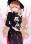  1girl adapted_costume aura black_dress black_headwear black_nails blonde_hair commentary_request cowboy_shot dress flower gradient_background grey_background hair_between_eyes highres holding holding_flower junko_(touhou) long_hair looking_at_viewer parted_lips plumapple3 red_eyes simple_background solo touhou white_background 