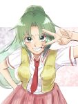  1girl :d blush breasts collared_shirt commentary cowboy_shot eyebrows_hidden_by_hair eyelashes foreshortening green_eyes green_hair grin hand_on_own_hip hand_up highres higurashi_no_naku_koro_ni large_breasts long_hair looking_at_viewer necktie parted_bangs ponytail red_necktie shirt short_sleeves simple_background smile solo sonozaki_mion upturned_eyes v v_over_eye very_long_hair vest white_background white_shirt yellow_vest yuno_ff 