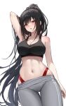  1girl ame_816 arm_at_side arm_behind_head arm_up bare_shoulders black_hair black_sports_bra blush breasts cleavage commentary commission cowboy_shot crop_top expressionless grey_pants hand_in_own_hair highleg highleg_panties highres large_breasts long_hair looking_at_viewer midriff navel navel_piercing original panties pants panty_straps parted_lips piercing red_eyes red_panties revision simple_background solo sports_bra stomach symbol-only_commentary track_pants underwear very_long_hair white_background 