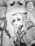  1girl braid chronozbergh crossover dark_souls_(series) dungeon_meshi elf hair_around_ear highres holding holding_staff marcille_donato monochrome mushroom pointy_ears ribbon robe staff 