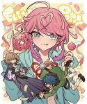  3boys ahoge amemura_ramuda androgynous arisugawa_dice banknote blue_eyes blue_hair book brown_hair candy closed_mouth commentary_request doughnut falling fling_posse food full_body green_eyes green_jacket hair_between_eyes hakama hand_on_own_chin hand_up holding holding_book holding_candy holding_food holding_lollipop hypnosis_mic jacket japanese_clothes jelly_bean konpeitou lollipop long_sleeves looking_at_viewer male_focus meremero money multiple_boys open_mouth pants pink_hair reaching shirt short_hair smile solo_focus tongue tongue_out torn_clothes torn_pants upper_body white_pants white_shirt yellow_background yumeno_gentaro 