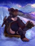  absurd_res animal_humanoid big_breasts breasts butt carne_asada clothing dragon dragon_humanoid female general-irrelevant hair hi_res humanoid legwear looking_at_viewer outside pawpads purple_hair red_eyes sitting sled smile snow solo stockings 