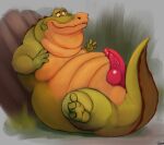 alligator alligatorid anthro crocodilian disney erection genitals hi_res looking_at_genitalia looking_at_penis louis_(tpatf) male moobs nude nude_male overweight overweight_male penis reptile scalie solo the_princess_and_the_frog uniparasite