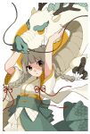  1girl arms_up braid character_request chinese_zodiac claws copyright_request dragon dragon_horns highres horns japanese_clothes kimono new_year obi red_ribbon ribbon sash simple_background solo twin_braids white_background year_of_the_dragon yellow_eyes zzz_sena_0 