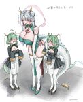  3girls absurdres ahoge blush breasts cleavage cleavage_cutout closed_eyes clothing_cutout dragon_girl dragon_horns dragon_tail dress full_body green_dress green_hair highres horns large_breasts long_hair multiple_girls open_mouth original smile tail translation_request white_hair yayoi_maka 