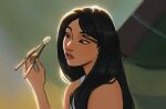  1girl black_eyes black_hair chopsticks close-up commentary_request disney fa_mulan_(disney) gittanart highres holding holding_chopsticks long_hair looking_at_object mulan pink_lips portuguese_commentary solo upper_body 