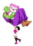  1boy 1girl :d antennae arms_up black_hair blunt_bangs boots brown_footwear brown_shorts carrying child closed_mouth colored_skin commentary_request dougi dragon_ball dragon_ball_super dragon_ball_super_super_hero eyelashes frown green_skin holding holding_stuffed_toy leg_up looking_at_viewer looking_to_the_side namekian no_eyebrows open_mouth pan_(dragon_ball) pants piccolo pny_panya pointy_ears purple_eyes purple_footwear purple_pants red_sash sash shirt short_hair short_sleeves shorts simple_background smile standing standing_on_one_leg stuffed_animal stuffed_toy t-shirt v-shaped_eyebrows white_background 