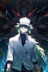  1boy blue_eyes bracelet collared_shirt compression_shirt electricity glowing glowing_eyes green_hair hat highres jewelry long_hair looking_at_viewer male_focus n_(pokemon) necktie pokemon pokemon_(game) pokemon_bw red_eyes shirt spiked_hair theemptytrip upper_body zekrom 