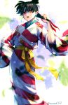  1girl bangs earrings feet_out_of_frame hand_fan holding holding_fan inuyasha japanese_clothes jewelry kagura_(inuyasha) kimono long_sleeves looking_at_viewer medium_hair paper_fan ponytail purple_ribbon red_eyes red_lips ribbon short_ponytail solo soraao0322 standing yellow_ribbon 
