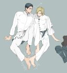  2boys barefoot black_hair blonde_hair boots closed_eyes couple dion_lesage final_fantasy final_fantasy_xvi frilled_shirt frilled_sleeves frills full_body grey_background heart long_sleeves looking_at_another male_focus medium_hair multiple_boys pants parted_lips puffy_long_sleeves puffy_sleeves shirt shoes short_hair smile syamojako terrence_(ff16) unworn_shoes white_pants white_shirt yaoi 
