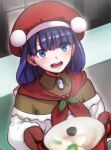  1girl aoba_(smartbeat) apron bangs blue_eyes breasts brooch brown_shirt fate/grand_order fate_(series) hat highres jewelry long_hair long_sleeves looking_at_viewer martha_(fate) martha_(santa)_(fate) medium_breasts mittens off_shoulder open_mouth purple_hair red_headwear santa_hat shirt solo white_apron 