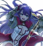  1girl aoba_(smartbeat) backlighting bangs belt blue_eyes breasts capelet center_opening cleavage fate/grand_order fate_(series) gauntlets hair_ribbon large_breasts long_hair looking_at_viewer martha_(fate) navel open_mouth pelvic_curtain purple_hair ribbon smile solo staff thighhighs thighs white_capelet 