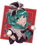  1girl bow chamaruk frilled_bow frilled_ribbon frills front_ponytail green_hair green_nails hair_bow hair_ribbon highres kagiyama_hina long_sleeves looking_at_viewer ribbon snowball solo touhou upper_body white_background 