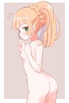  1girl ass blonde_hair blunt_bangs blush border braid breasts closed_mouth commentary eyelashes flying_sweatdrops green_eyes highres lillie_(pokemon) long_hair nipples nude outside_border pokemon pokemon_sm ponytail shikama solo white_border 