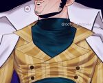  1boy bara black_hair borsalino_(kizaru) close-up coat dot_molotovka goatee_stubble heart large_pectorals mature_male muscular muscular_male one_piece original pectoral_focus pectorals puckered_lips short_hair spoken_heart suit 