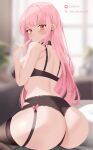  1girl ass black_bra black_panties black_thighhighs blush bra breasts closed_mouth highres hololive hololive_english large_breasts lingerie long_hair looking_at_viewer mori_calliope oioi_ainomo panties pink_eyes pink_hair smile solo thighhighs thighs underwear virtual_youtuber 