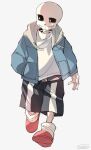 1boy artist_name black_sclera black_shorts blue_jacket colored_sclera commentary_request drawstring full_body grin hand_in_pocket highres hood hood_down hooded_jacket jacket looking_to_the_side male_focus red_footwear sans shirt shorts signature simple_background skeleton slippers smile socks solo sonokare undertale walking white_background white_eyes white_shirt white_socks 