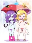  2girls ^_^ ameonna_(youkai_watch_4) bikini blonde_hair blush boots cameltoe closed_eyes dual_persona flat_chest full_body hareonna holding holding_umbrella multiple_girls navel nollety open_mouth orange_bikini pigeon-toed purple_bikini purple_eyes purple_hair sandals standing swimsuit tears umbrella youkai_watch 