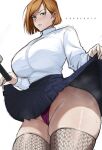  1girl blue_skirt breasts brown_hair closed_mouth collared_shirt dress_shirt english_commentary erogearts from_below hair_behind_ear hammer high_collar highres huge_breasts jujutsu_kaisen kugisaki_nobara large_breasts lips long_sleeves looking_at_viewer looking_down orange_eyes panties pleated_skirt purple_panties shirt short_hair simple_background single_thighhigh skirt thick_thighs thighhighs thighs underwear upskirt watermark white_background white_shirt 