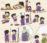  1girl 3boys :d ? ^_^ arrow_(symbol) bandaid bandaid_on_face baseball_cap basket black_footwear black_hair blue_male_underwear blush book boots brown_footwear cape chi-chi_(dragon_ball) child closed_eyes closed_mouth colored_skin commentary_request crayon dougi dragon_ball dragon_ball_z drawing drawing_(object) dress flying_sweatdrops full-length_mirror furrowed_brow green_jacket green_skin hair_bun hands_in_pockets hat highres holding holding_crayon holding_scissors holding_sewing_needle j_ooey jacket kneeling kuririn long_hair long_sleeves looking_at_another low_ponytail male_focus male_underwear mirror mother_and_son multiple_boys multiple_views namekian needle notice_lines open_mouth orange_jacket oversized_clothes pants paper piccolo pincushion pink_pants pointy_ears ponytail purple_dress purple_pants red_footwear red_sash red_wristband reflection sash scissors sewing sewing_needle sewing_pin shoulder_pads simple_background single_hair_bun sitting sleeveless sleeveless_dress smile son_gohan sparkle speech_bubble spoken_question_mark spoken_squiggle squiggle table thought_bubble turban underwear unworn_boots v-shaped_eyebrows white_background white_cape wristband yellow_background zipper zipper_pull_tab 