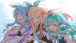  3girls black_gloves blonde_hair blue_hair closed_eyes crown curry_ytd dress elbow_gloves elira_pendora elira_pendora_(1st_costume) finana_ryugu finana_ryugu_(1st_costume) fins gloves green_hair hair_over_one_eye head_fins head_wings highres jacket long_hair long_sleeves mini_crown multiple_girls nijisanji nijisanji_en open_mouth pointy_ears pomu_rainpuff pomu_rainpuff_(1st_costume) sidelocks smile upper_body virtual_youtuber white_dress white_jacket wings 