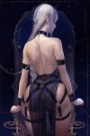  1girl artist_name ass back back_focus bare_shoulders chain clenched_hands closed_eyes closed_mouth collar from_behind grey_hair hair_ornament highres long_hair multicolored_hair original pointy_ears prywinko restrained ridia_(prywinko) see-through sidelocks solo standing streaked_hair thick_thighs thighs wide_hips 