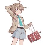  1boy aqua_necktie arm_behind_head bag blue_eyes brown_coat brown_hair coat duffel_bag genderswap genderswap_(ftm) indie_virtual_youtuber necktie neuro-sama open_clothes open_coat rune_(dualhart) school_uniform solo virtual_youtuber 