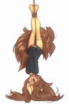 2023 anthro apogee_(tinygaypirate) blush brown_eyes brown_hair canid canine clothed clothing digital_media_(artwork) female fur hair hi_res mammal simple_background suspension tattoo upside_down white_background yellow_body yellow_fur yshanii