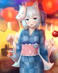  1girl absurdres animal_ears bag bagged_fish blue_hair blue_kimono breasts candy_apple checkered_clothes commentary_request fish food fox_ears fox_girl fox_mask fox_tail highres indie_virtual_youtuber japanese_clothes kimono kokone_no_mae lantern masamika10086 mask mask_on_head multicolored_hair multiple_tails obi open_mouth paper_lantern sash small_breasts smile solo streaked_hair summer_festival tail upper_body virtual_youtuber white_hair yukata 
