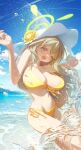  1girl aakin5349 arms_up bare_shoulders bikini blonde_hair blue_archive blush breasts cleavage commentary_request flower groin hair_between_eyes halo hat highres korean_commentary large_breasts long_hair looking_at_viewer navel nonomi_(blue_archive) nonomi_(swimsuit)_(blue_archive) ocean open_mouth outdoors side-tie_bikini_bottom solo strap_gap string_bikini sun_hat swimsuit yellow_eyes yellow_flower yellow_halo 