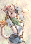  1girl 2022 animal_ears arm_up artist_name belt blonde_hair blue_shorts breasts brown_belt carrot cat_ears cat_girl cat_tail closed_mouth cowboy_shot cutoffs dated facial_mark final_fantasy final_fantasy_xiv gloves hair_ribbon hand_up hat highres holding holding_carrot long_hair medium_breasts miqo&#039;te pink_lips piyoco ponytail red_ribbon ribbon shirt short_sleeves shorts smile solo standing straw_hat suspender_shorts suspenders t-shirt tail tail_raised warrior_of_light_(ff14) whisker_markings white_gloves white_shirt yellow_headwear yellow_tail 