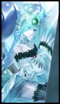  1girl ahoge black_border border crying crystal_hair detached_sleeves duel_monster forehead_jewel green_eyes highres ice icejade_aegirine icejade_gymir_aegirine pointy_ears tears_from_one_eye thighhighs translucent_hair translucent_skin vulture_(washizu0808) yu-gi-oh! 