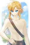  1boy belt blue_eyes day hand_on_own_hip highres link male_focus outdoors sash solo the_legend_of_zelda the_legend_of_zelda:_breath_of_the_wild topless_male yiwoo2030 