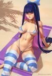  1girl arm_support artist_name bangs beach beach_towel bikini black_nails blue_bow blue_eyes blue_hair blunt_bangs bow breasts closed_mouth collarbone colored_inner_hair commentary female_pubic_hair hair_bow highleg highleg_bikini highres leaning_back long_hair looking_at_viewer medium_breasts micro_bikini multicolored_hair nail_polish navel panty_&amp;_stocking_with_garterbelt pink_hair pubic_hair pubic_hair_peek sand sitting solo stocking_(psg) stomach straight_hair striped_thighhighs swimsuit thighhighs towel two-tone_hair ultrabinou very_long_hair web_address 