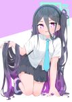  &lt;key&gt;_(blue_archive) 1girl :d absurdly_long_hair all_fours aqua_halo black_hairband black_skirt blue_archive blue_hair blue_necktie blush collared_shirt dark_blue_hair frown furrowed_brow gradient_hair hair_between_eyes hairband halo hand_up highres long_hair looking_at_viewer machiaato mechanical_halo multicolored_hair navel necktie one_side_up open_mouth pleated_skirt purple_background purple_eyes purple_hair ringed_eyes shirt short_sleeves skirt smile solo tie_clip two-tone_background very_long_hair white_background white_footwear white_shirt 